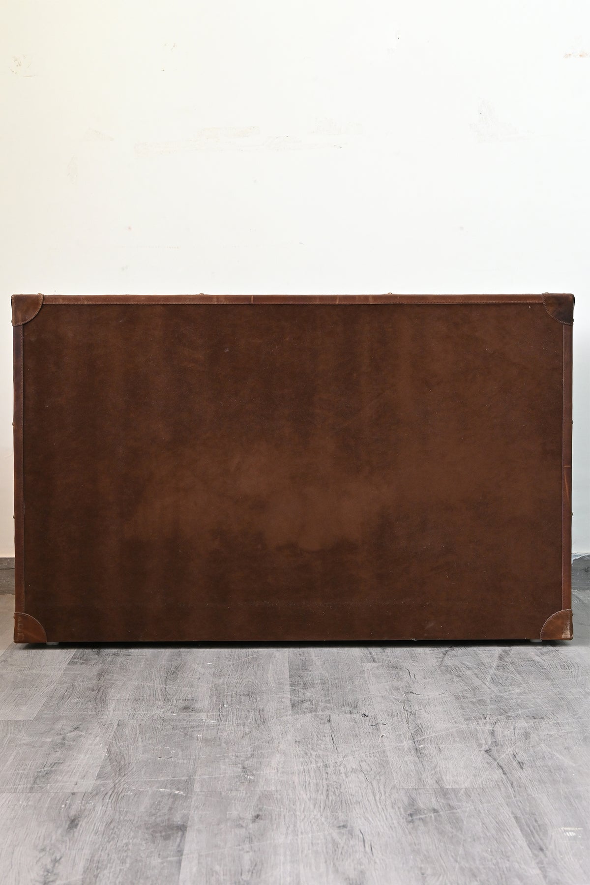Back of the Nimaj Kilim & Leather Sideboard, finished in brown nap with leather edges and corner caps — Art Avenue