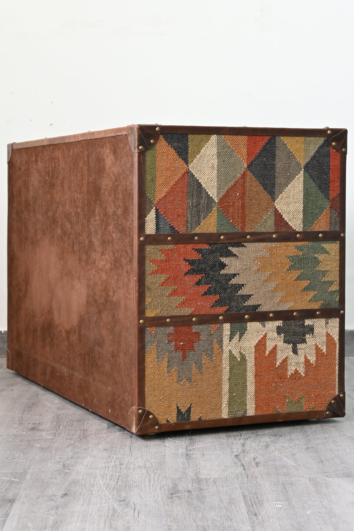 Opposite side of the Nimaj sideboard with three kilim bands and the brown nap-finished back — Art Avenue, made to order