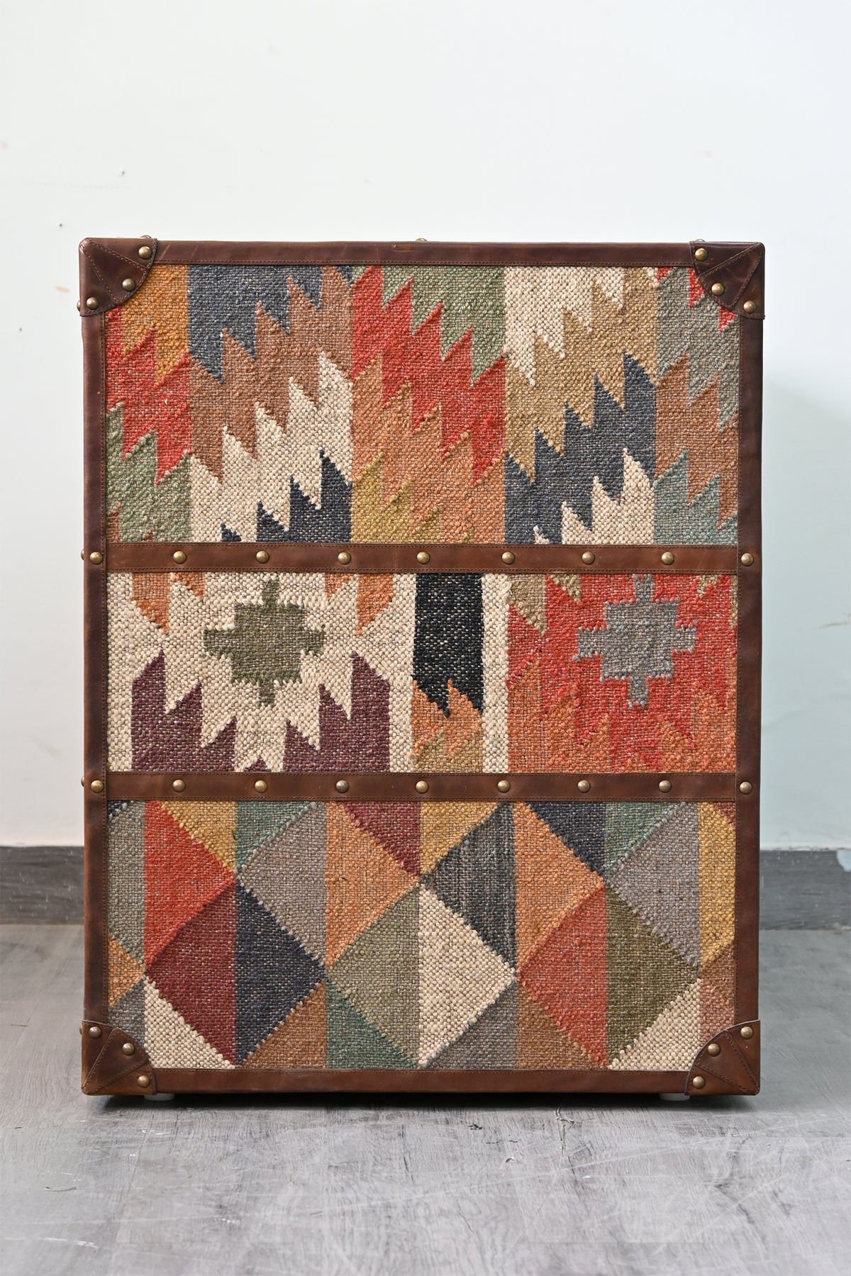 Side of the Nimaj Kilim & Leather Sideboard, three vintage kilim bands framed in brass-studded leather — Art Avenue