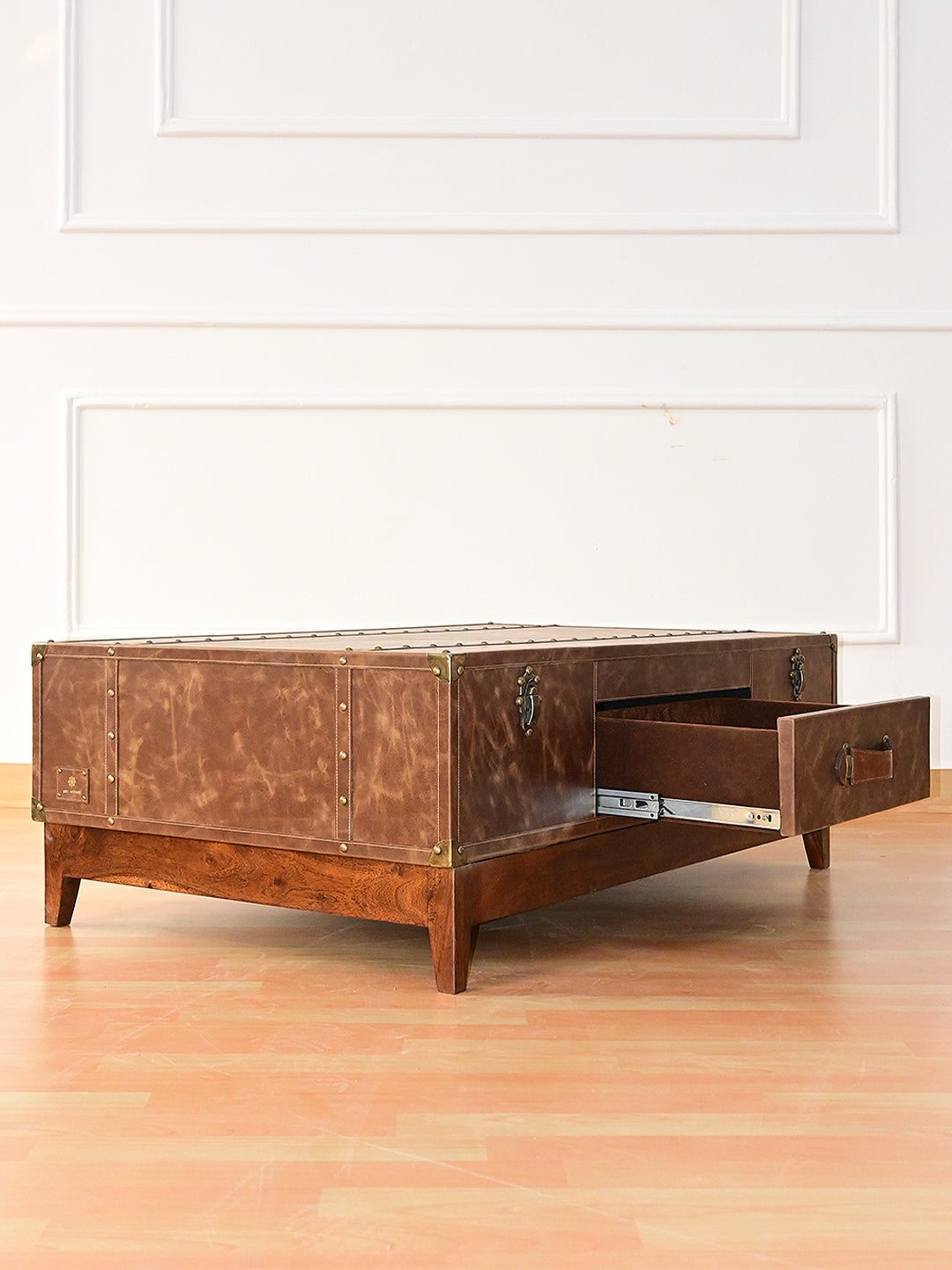 Nawalgarh leather trunk coffee table, drawer open on soft-close runners with a suede-lined interior