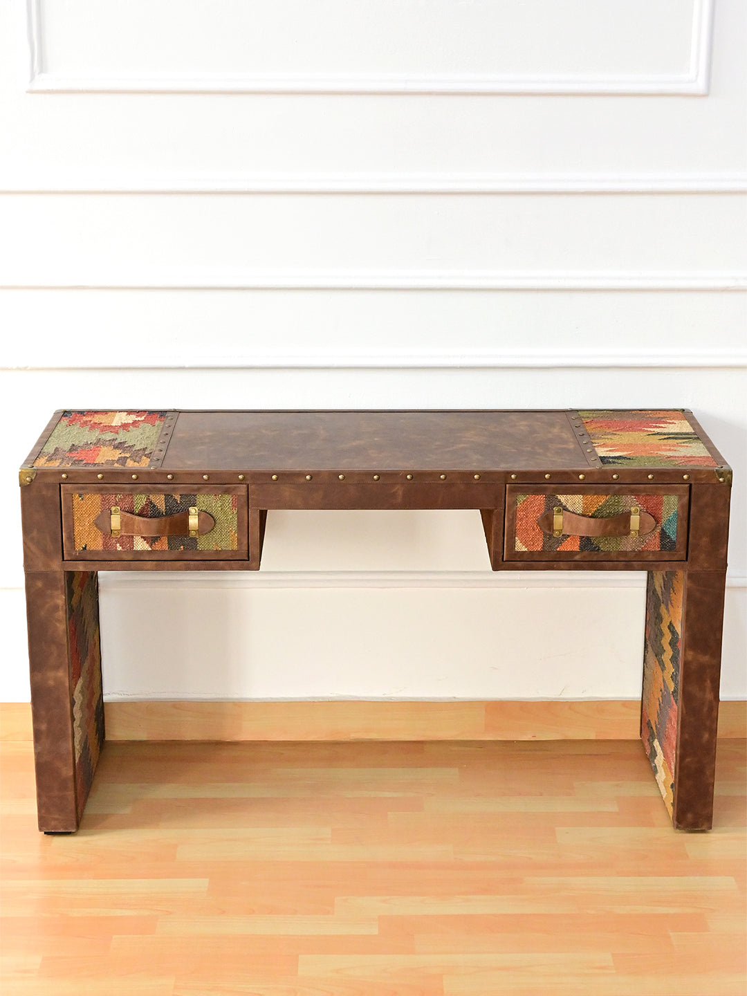Dungarpur desk from above, leather writing surface with a kilim inset at each end