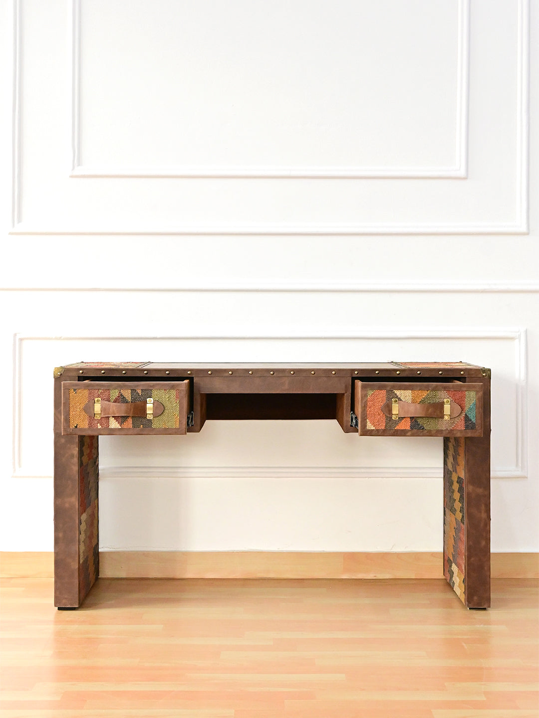 Front of the Dungarpur desk with both drawers pulled slightly open