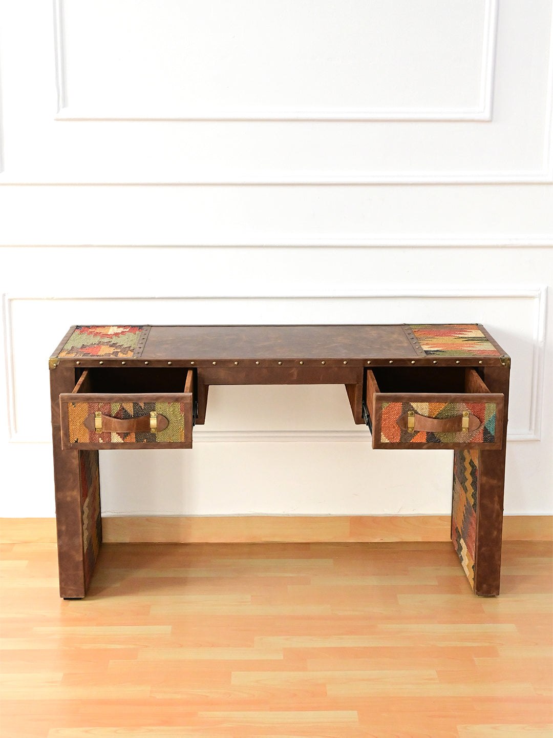 Dungarpur desk with both drawers open beneath the kilim-inset leather top