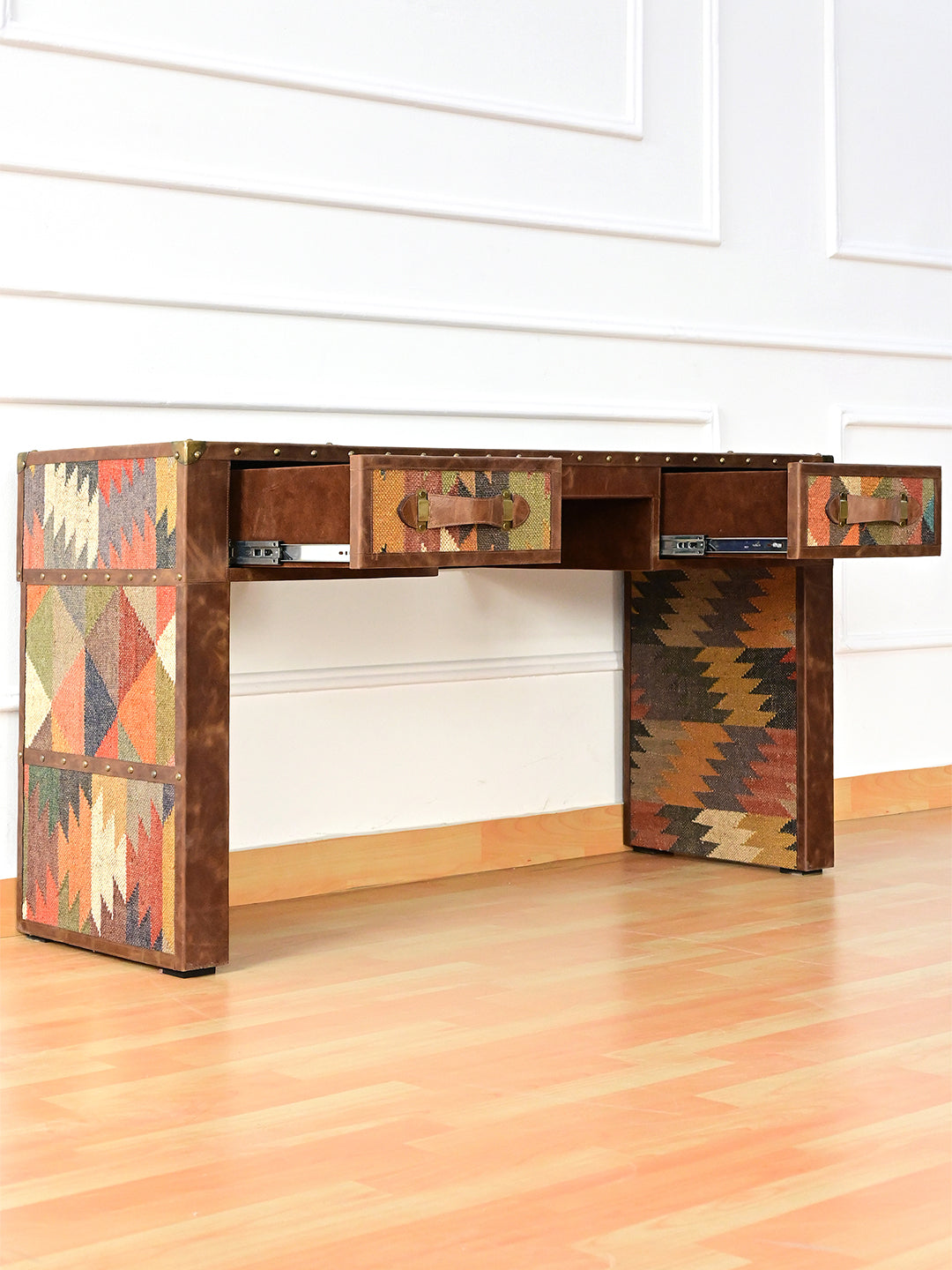 Both drawers of the Dungarpur desk extended on their soft-close runners