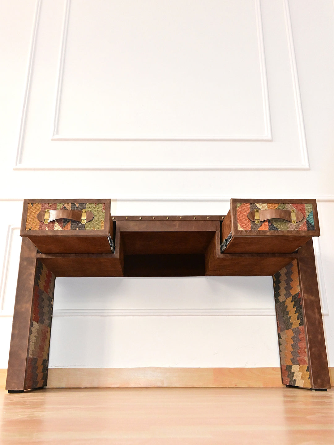 Looking up at the Dungarpur desk from the front with both drawers open
