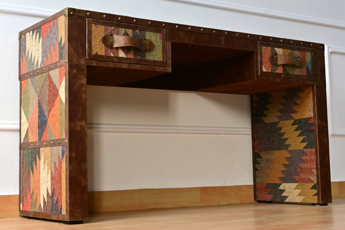 Low angle of the Dungarpur desk showing the open knee space beneath the drawers