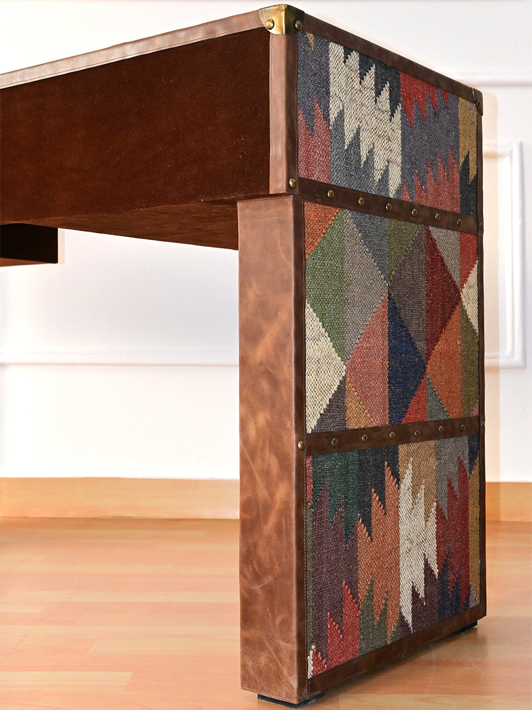 Rear corner of the Dungarpur desk with its banded kilim leg