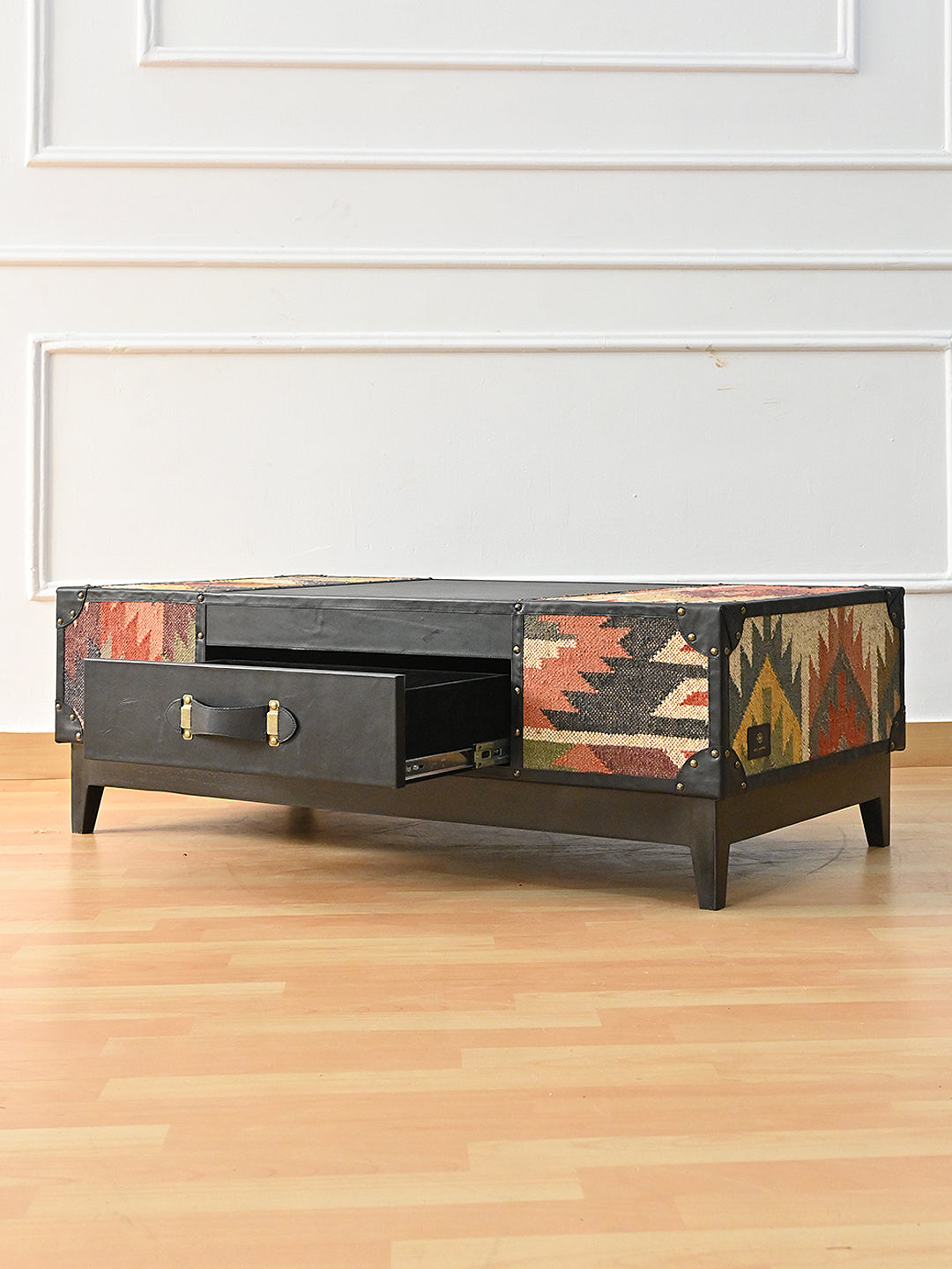 Kumbhalgarh coffee table with a drawer pulled out on its soft-close runner, showing the suede-lined interior