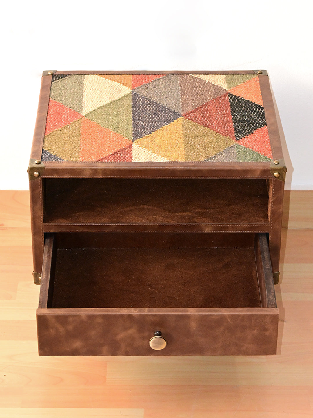 Mahansar bedside table with the suede-lined drawer pulled open