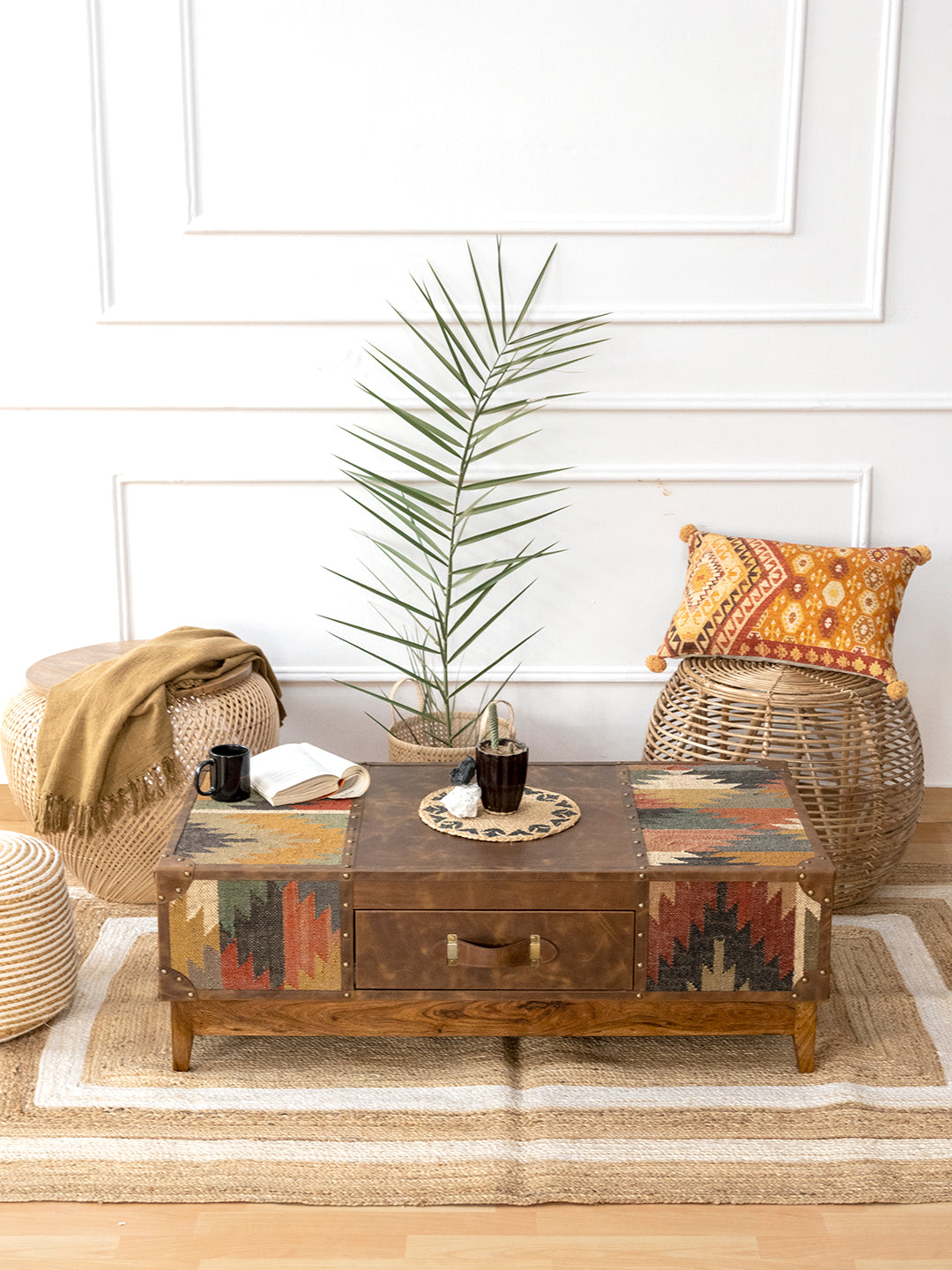 Sojat coffee table from above the front, showing kilim top ends and plain leather centre panel, by Art Avenue