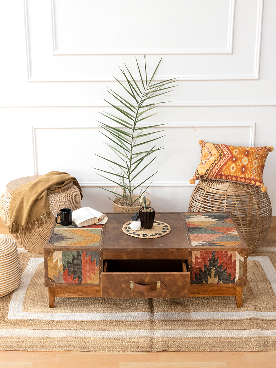 Sojat kilim and leather coffee table with its front drawer open, handmade by Art Avenue