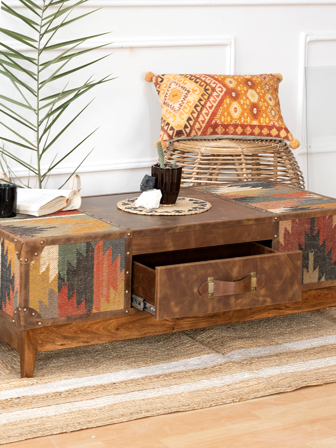 Leather-fronted drawer of the Sojat coffee table open on soft-close runners, by Art Avenue