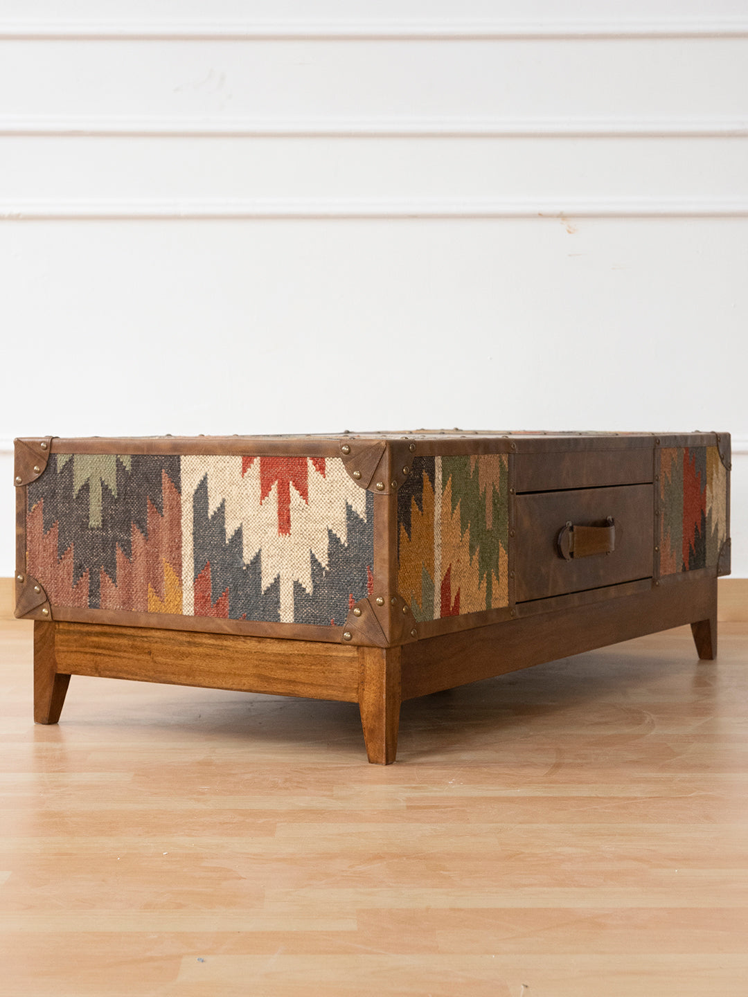 Sojat coffee table by Art Avenue, three-quarter view of the kilim end and closed drawer