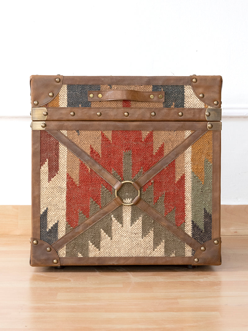 Jaisalmer Campaign Trunk — handcrafted leather and kilim trunk by Art Avenue