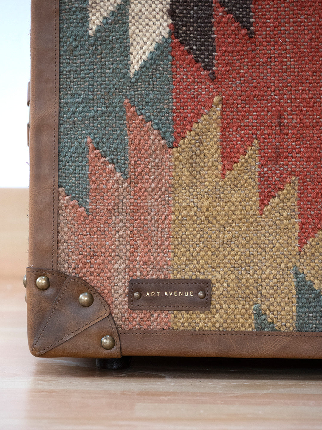Jaisalmer Campaign Trunk — handcrafted leather and kilim trunk by Art Avenue, hardware detail 2