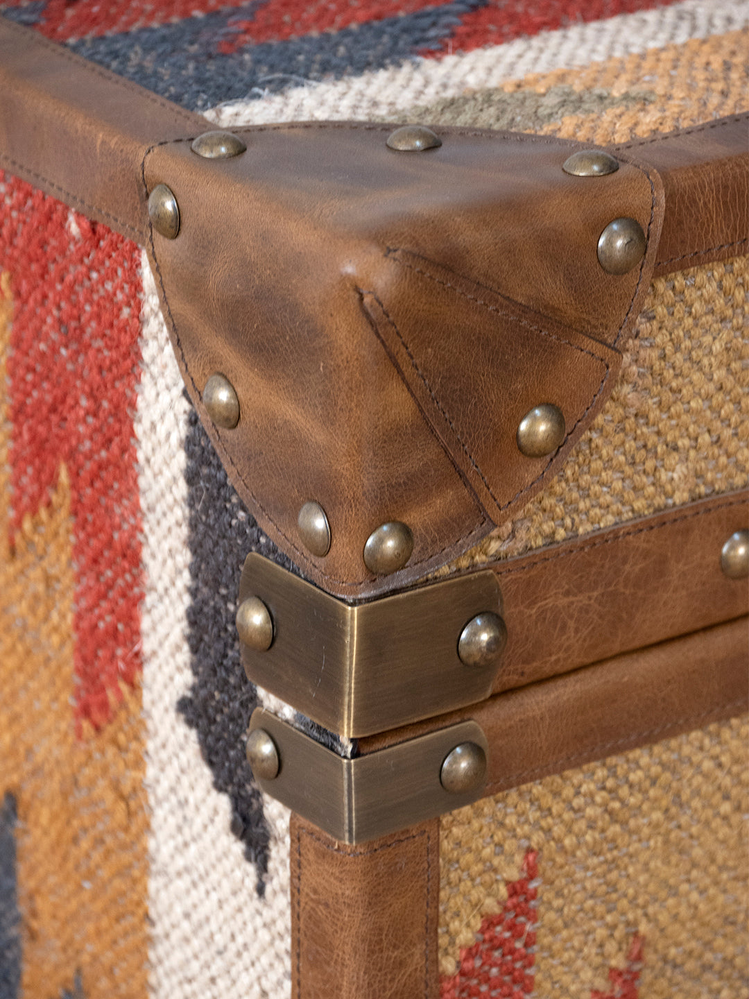 Jaisalmer Campaign Trunk — handcrafted leather and kilim trunk by Art Avenue, closure detail