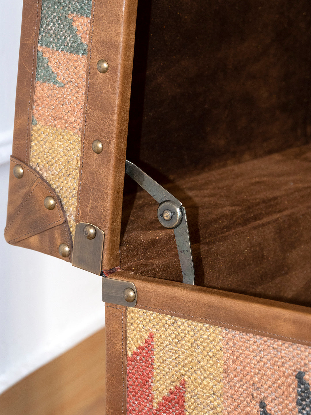 Jaisalmer Campaign Trunk — handcrafted leather and kilim trunk by Art Avenue, made to order