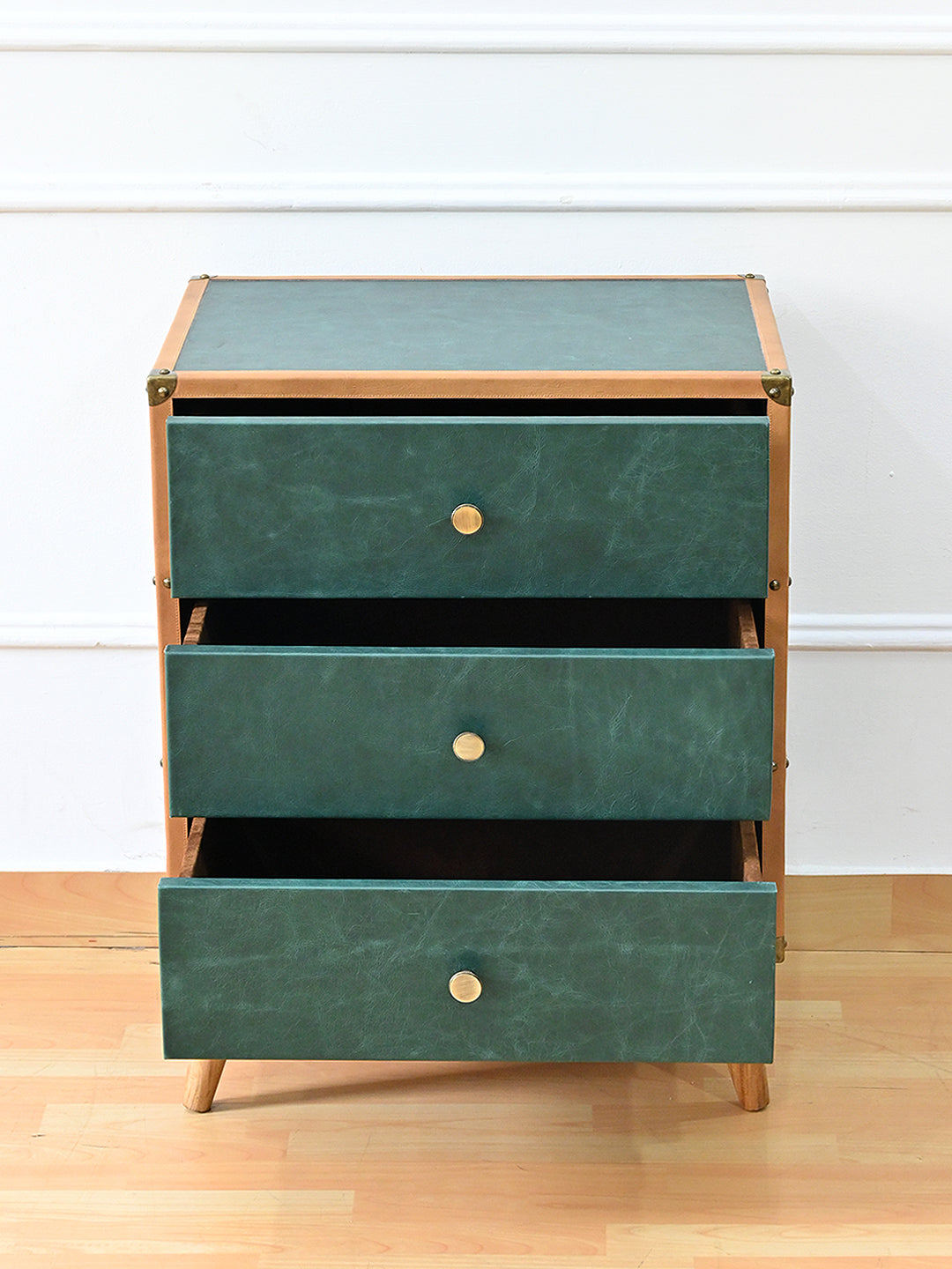 Sariska chest of drawers with all three drawers pulled out on their runners