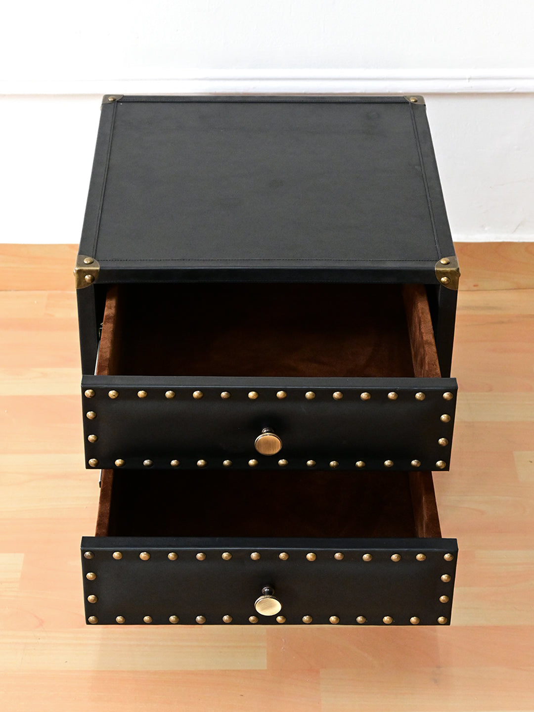 Kishangarh bedside table in Onyx leather with both drawers open, lined interiors, Art Avenue