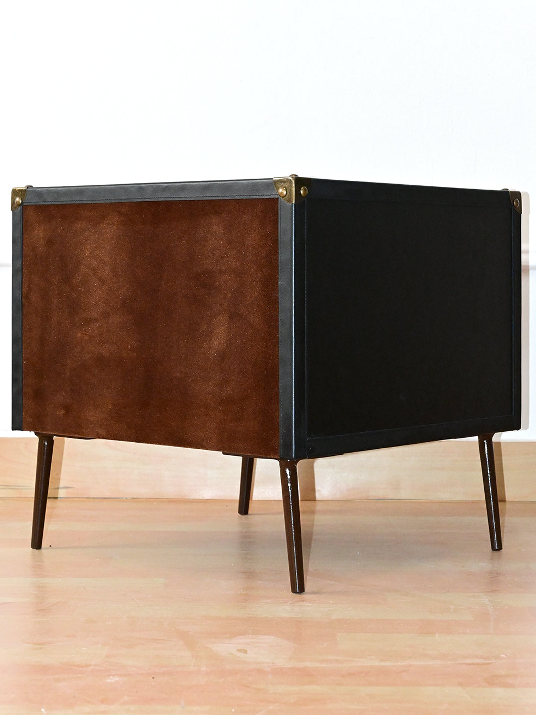Rear three-quarter view of Kishangarh bedside table in Onyx leather, lined back panel, Art Avenue
