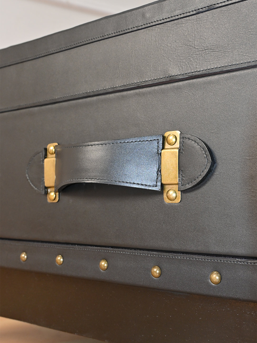 Stitched Onyx leather strap handle on solid brass plates, Mehrangarh coffee table, Art Avenue