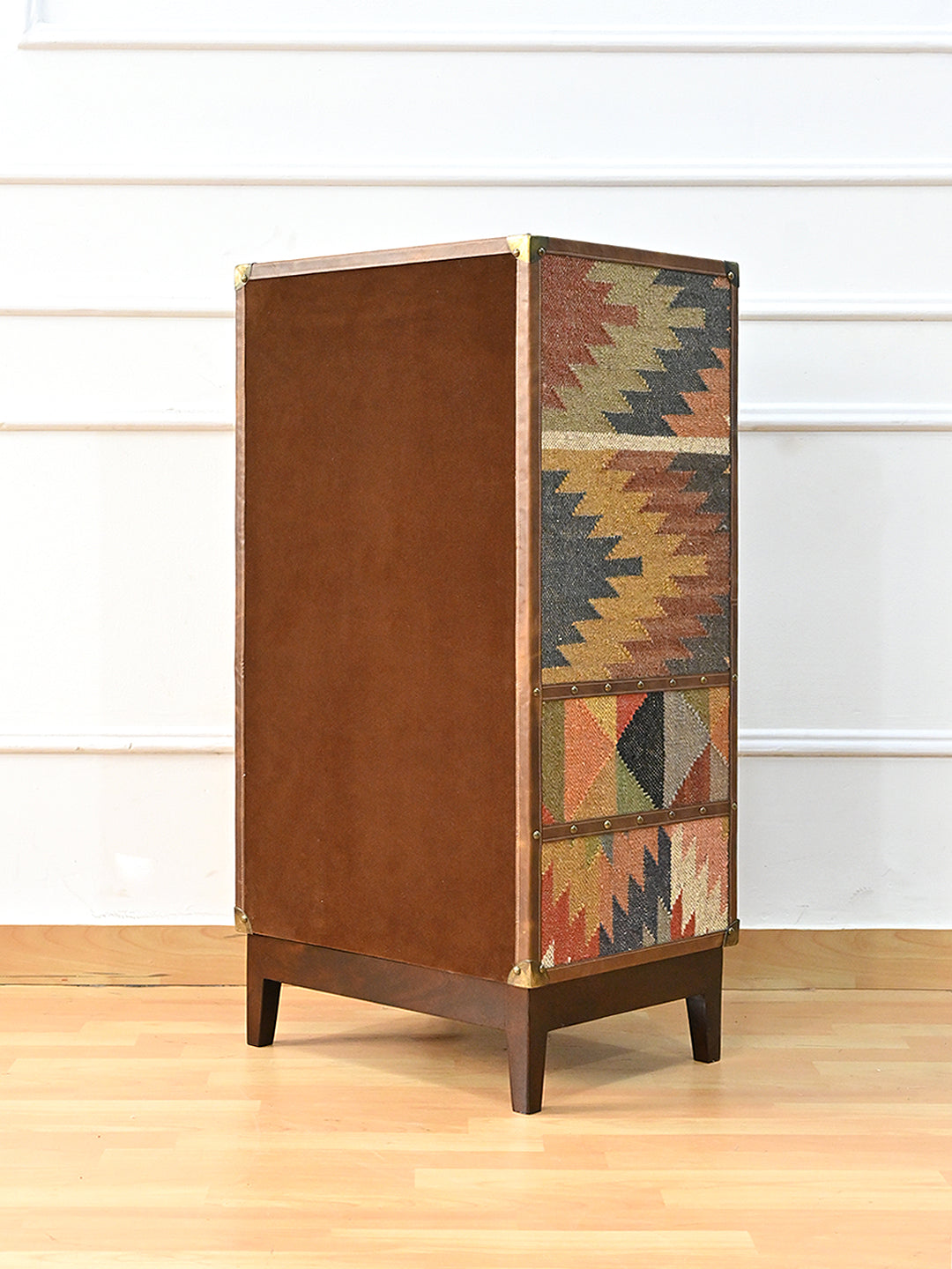 Opposite rear three-quarter of the Shalimar cabinet, suede back and kilim flank — Art Avenue, made to order