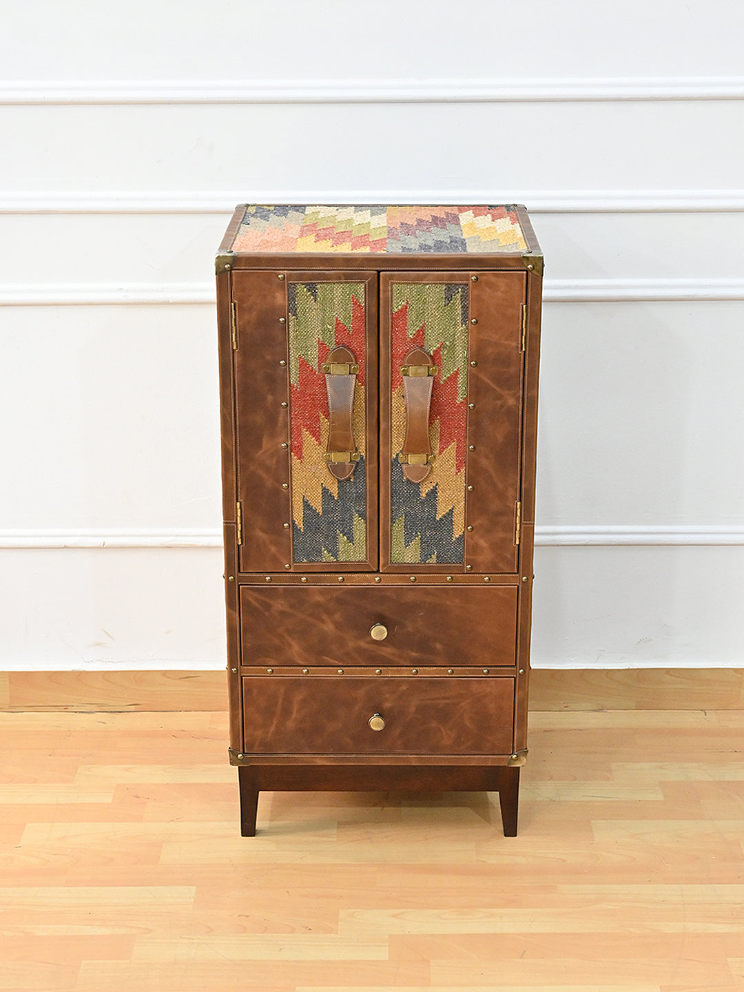 Shalimar cabinet from the front with the vintage kilim top panel visible — Art Avenue, made to order