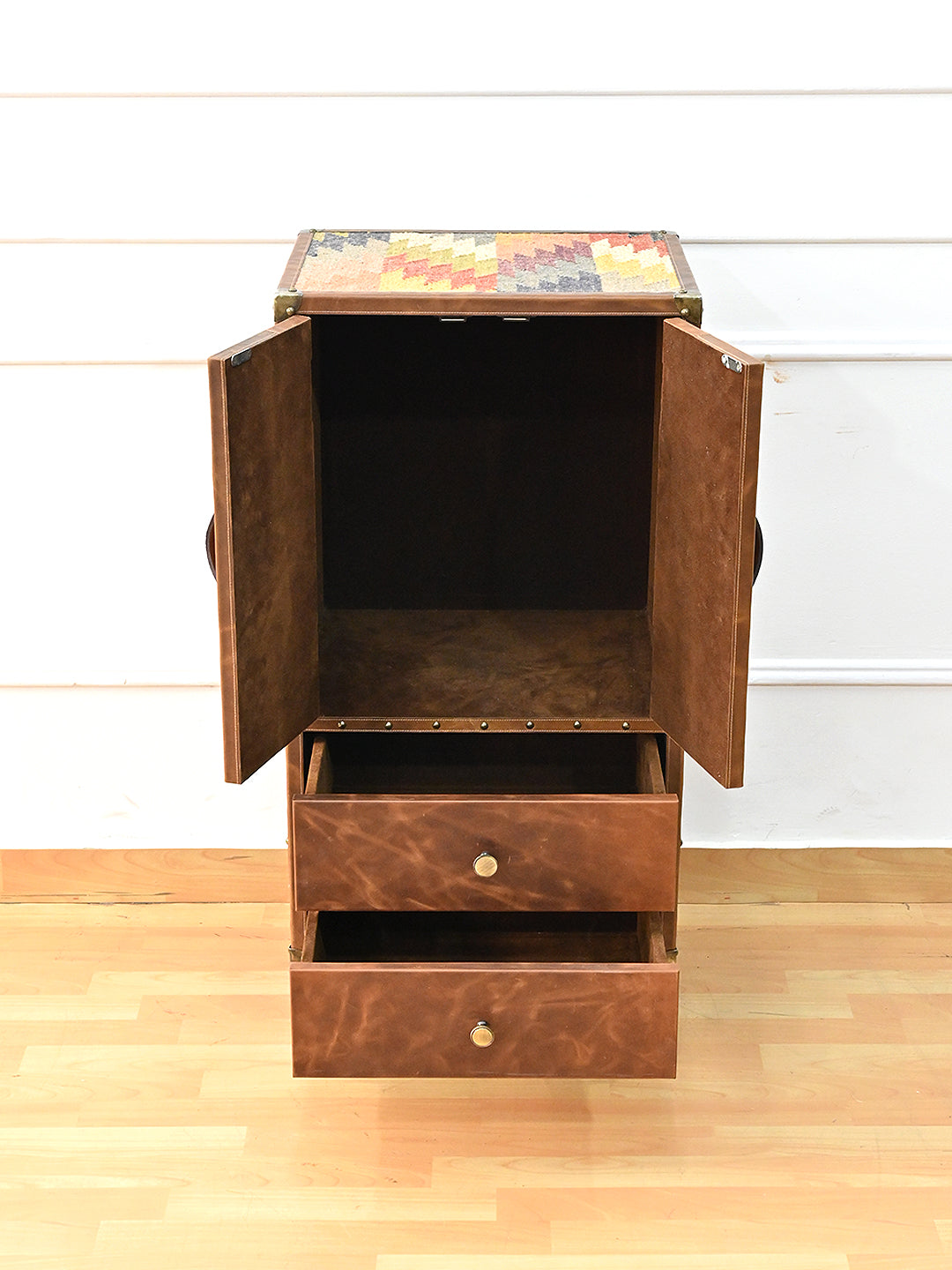 Shalimar cabinet with both doors open and both drawers pulled out, showing the interior compartment — Art Avenue
