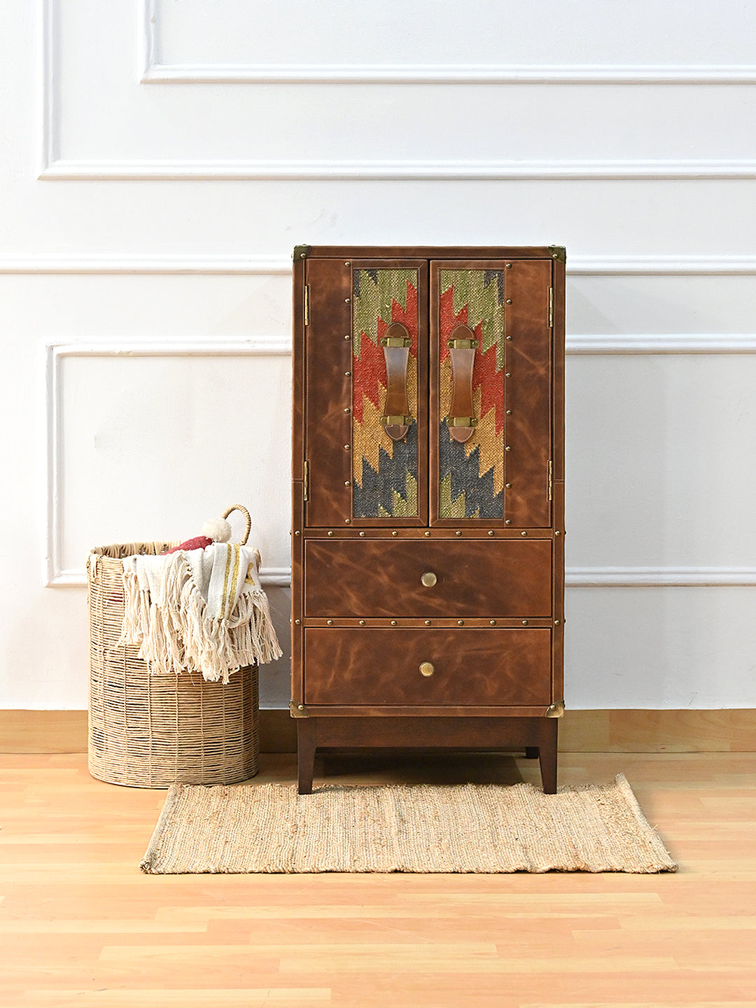 Shalimar kilim and leather cabinet styled front-on over a jute rug — Art Avenue, made to order