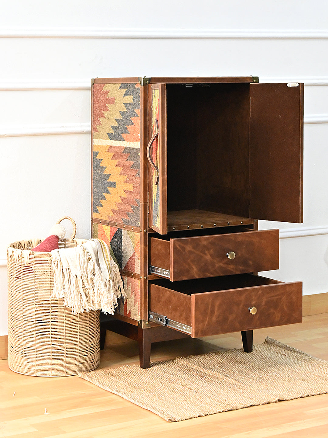 Shalimar cabinet open at an angle, drawers extended on soft-close runners — Art Avenue, made to order