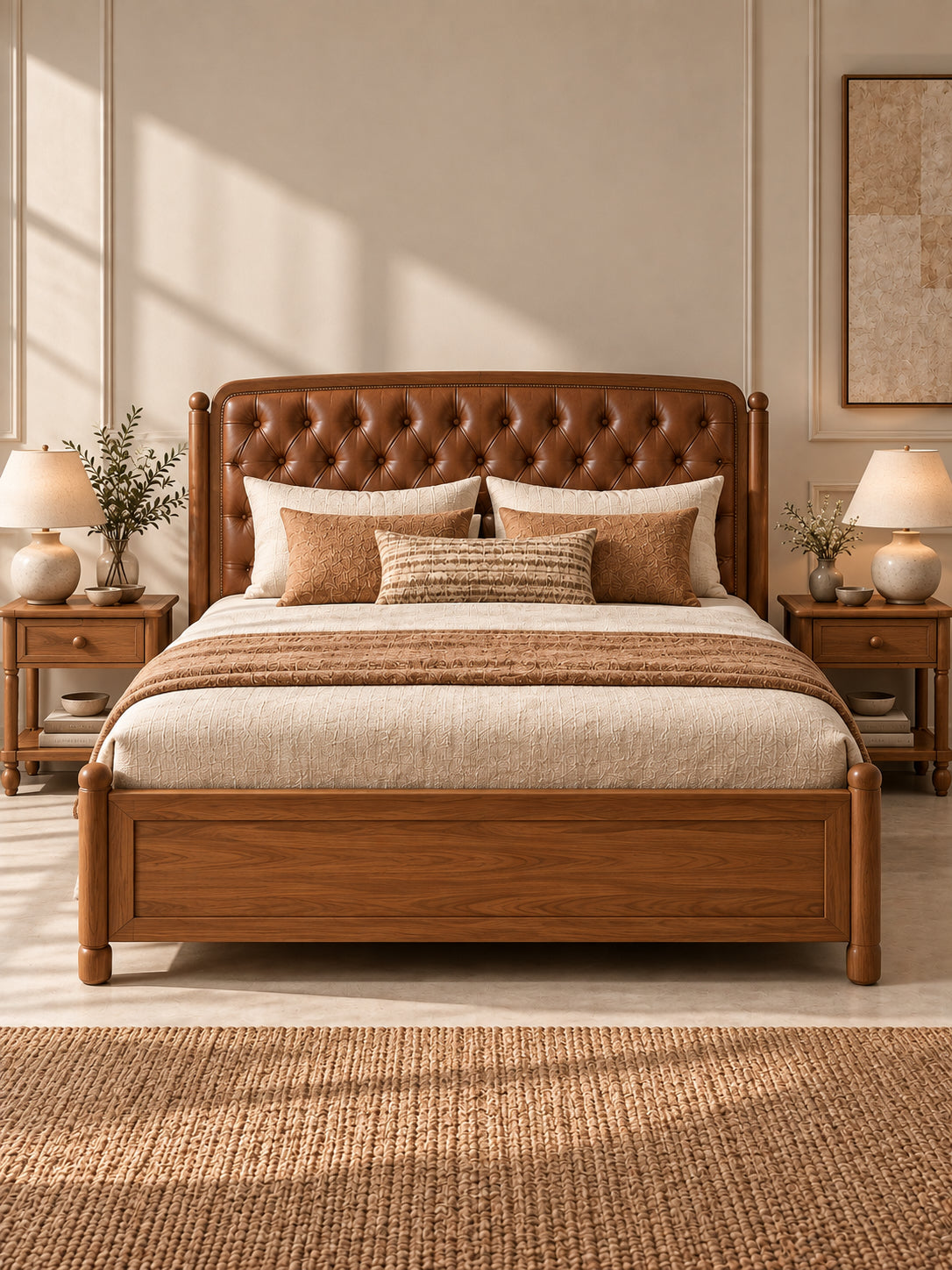 Dalhousie Buttoned Leather Bed from the foot, flanked by a pair of matching Dalhousie wood bedside tables with drawers and open lower shelves. Art Avenue, made to order.