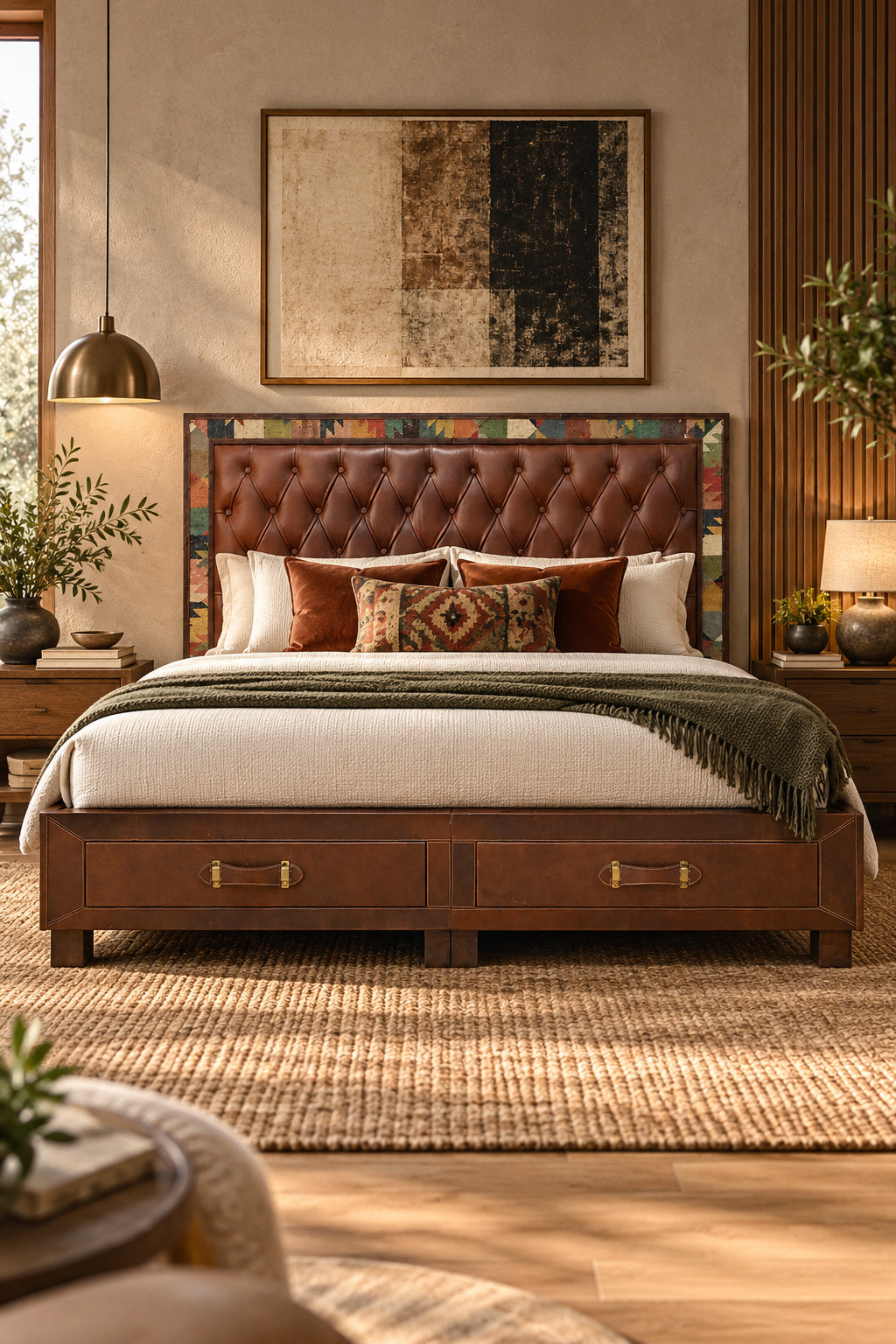 Narlai kilim and leather storage bed in Saddle leather by Art Avenue, made to order — styled room view