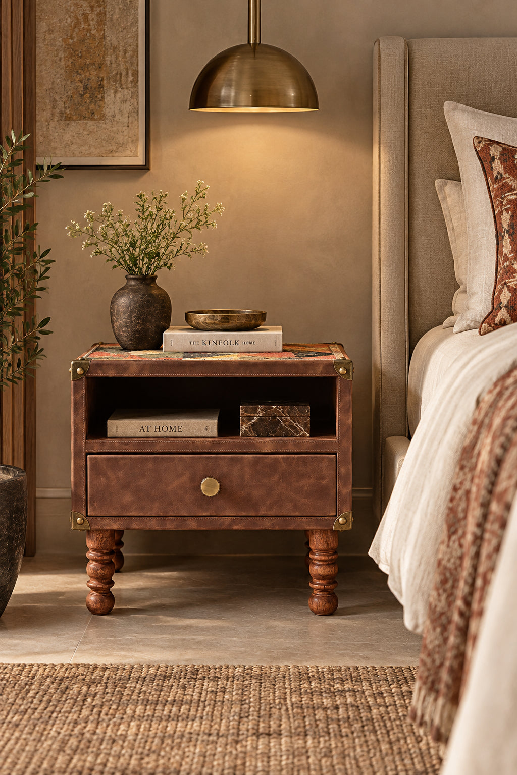 Mahansar kilim and leather bedside table styled beside a bed, Art Avenue, made to order