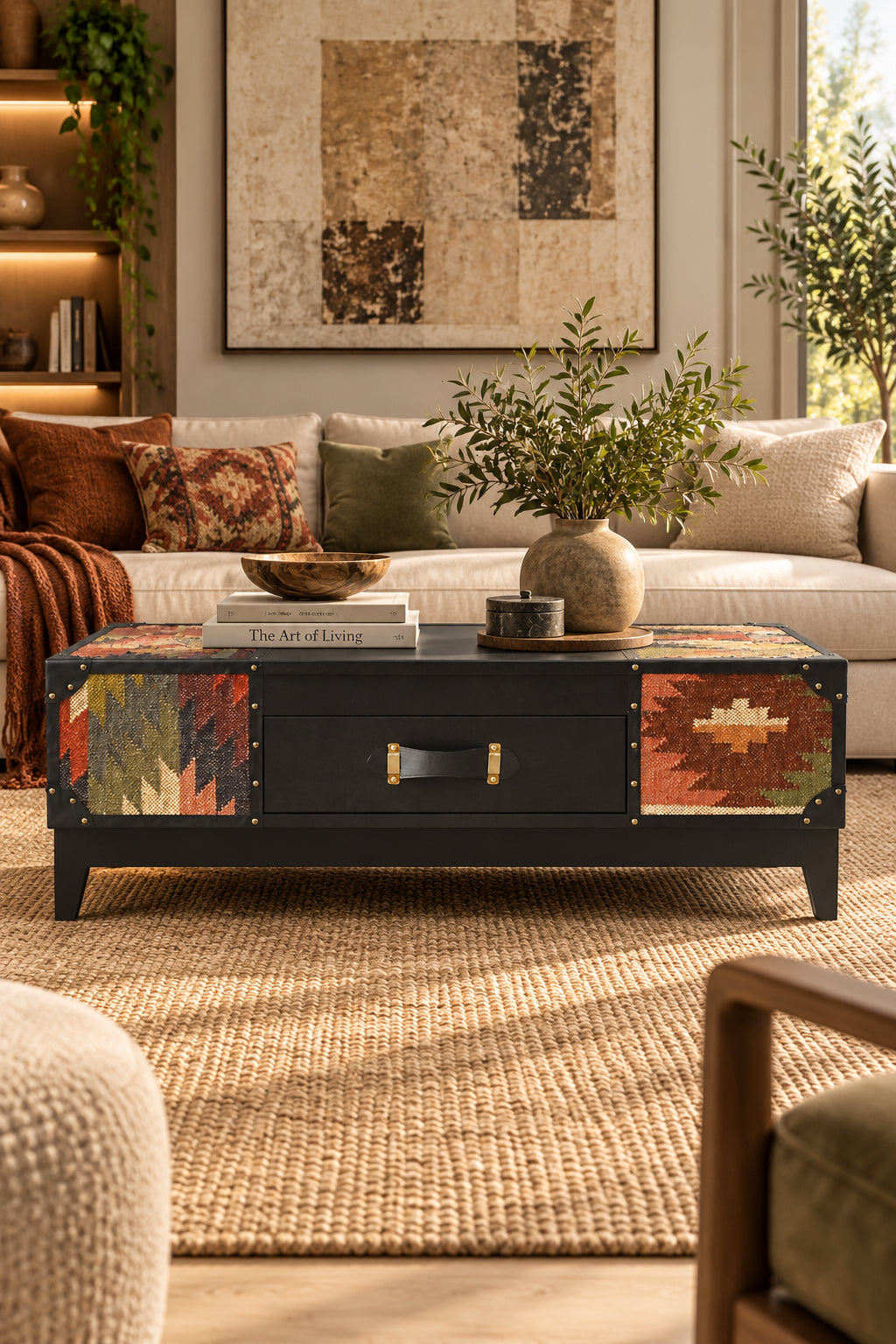 Kumbhalgarh black leather and kilim coffee table on a jute rug in a living room, with a cream sofa, kilim cushion, books and a vase of olive branches on the leather top