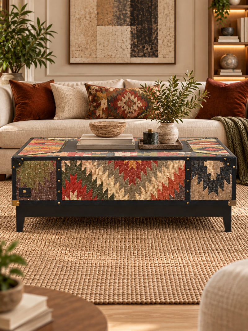 Mehrangarh kilim trunk coffee table in black Onyx leather by Art Avenue, made to order