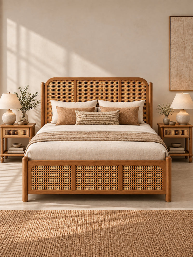 Pair of Ziro Rattan Bedside Tables either side of the Ziro Rattan Bed, with matching cane headboard and footboard in a sunlit bedroom — Art Avenue, made to order