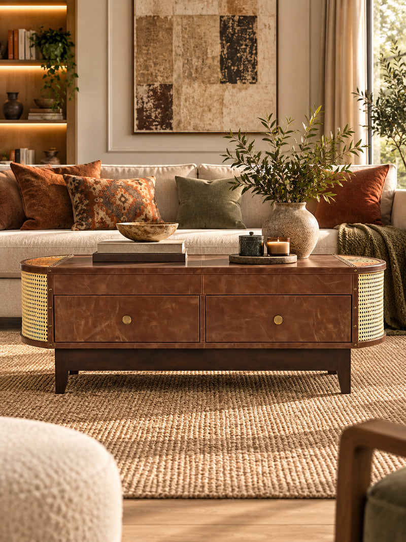 Bisalpur cane and leather coffee table by Art Avenue, made to order in Jaipur — styled hero view