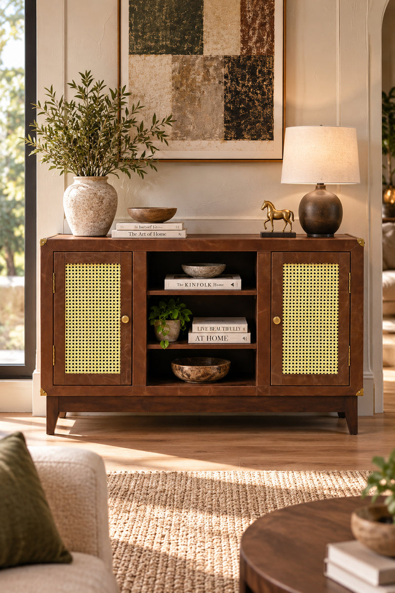 Fatehpur cane and leather sideboard with vintage kilim flanks, Art Avenue, made to order