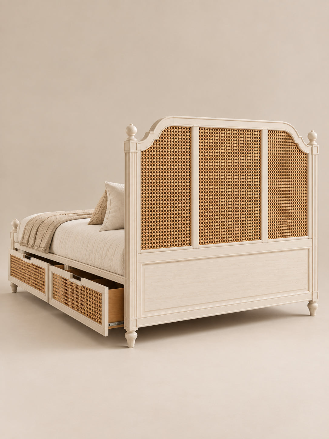 Back of the Assagao Rattan Storage Bed headboard — three framed rattan cane panels over a moulded ivory base, finished to stand away from the wall. Art Avenue, made to order.