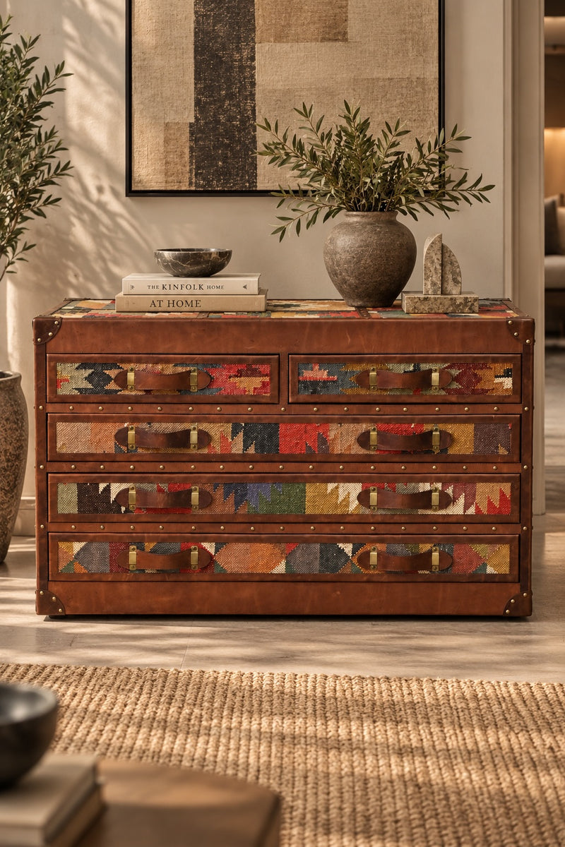 Chittor kilim and leather campaign chest, 120 by 60 by 75 cm