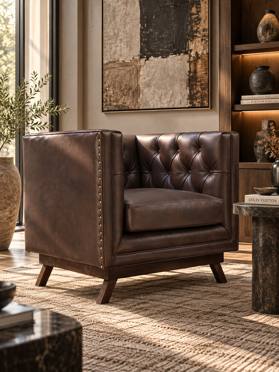 Chail buttoned leather club chair, outside back in plain Espresso leather with raked solid wood legs — Art Avenue, made to order