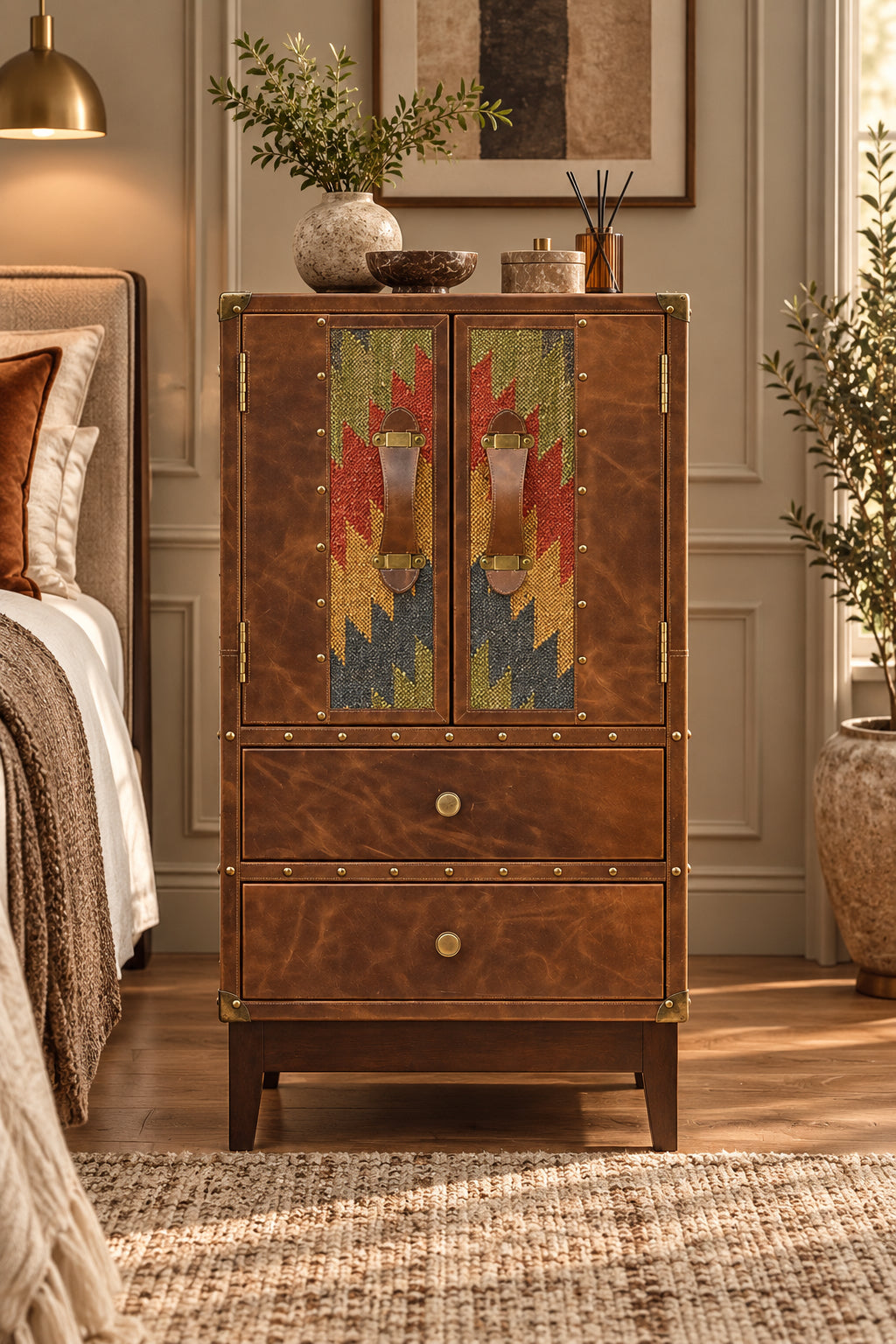 Shalimar kilim and leather cabinet by Art Avenue, made to order in Jaipur — styled room view