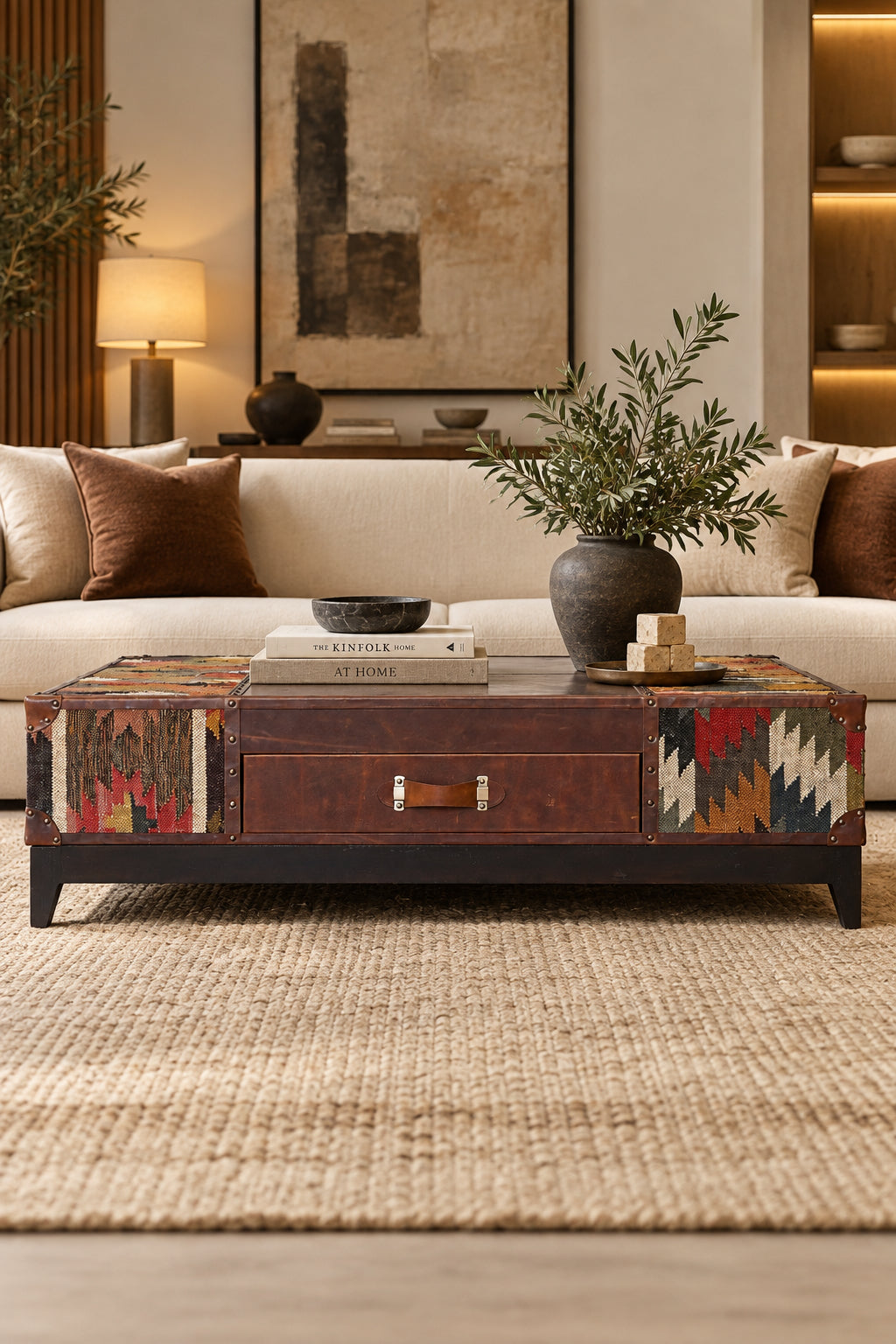 Chandigarh kilim coffee table by Art Avenue, handwoven kilim and wood — image 1 of 22