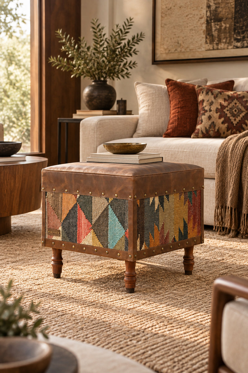 Dundlod kilim and leather ottoman by Art Avenue, padded leather seat with studded leather binding and handwoven kilim sides, made to order