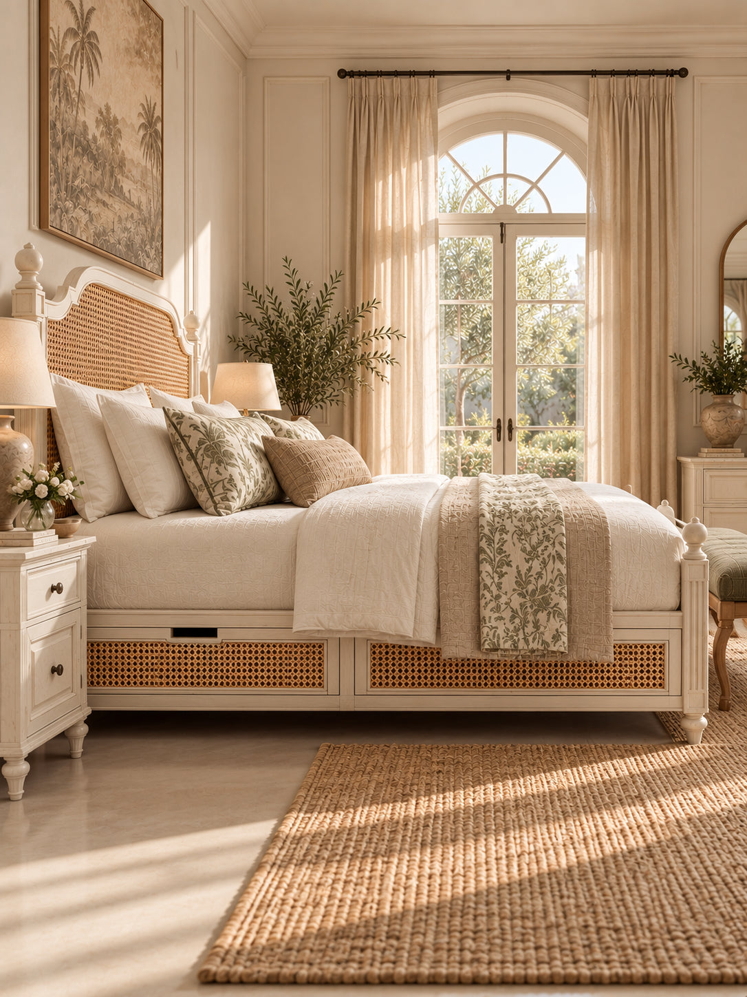 Assagao Rattan Storage Bed side view with drawers closed — cane drawer fronts in an ivory painted frame between turned feet. Art Avenue, made to order.