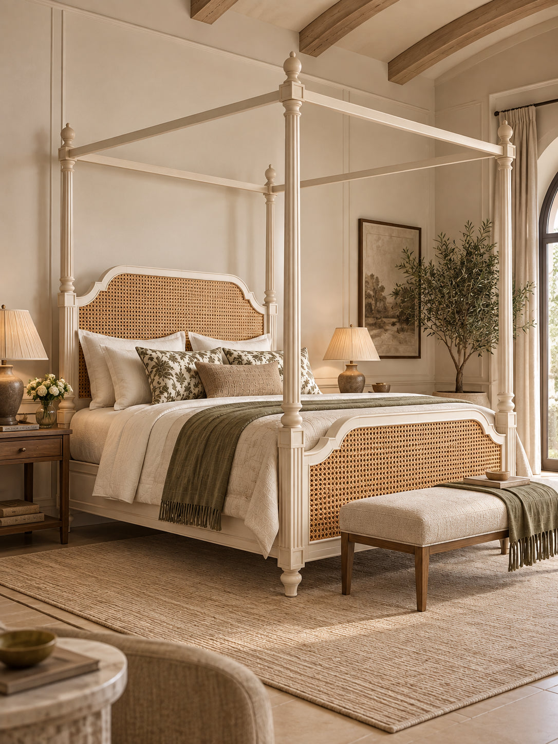 Coonoor Cane Four-Poster Bed seen at three-quarter angle in a sunlit bedroom with beamed ceiling, fluted ivory posts, open canopy frame and upholstered bench at the foot — Art Avenue, made to order