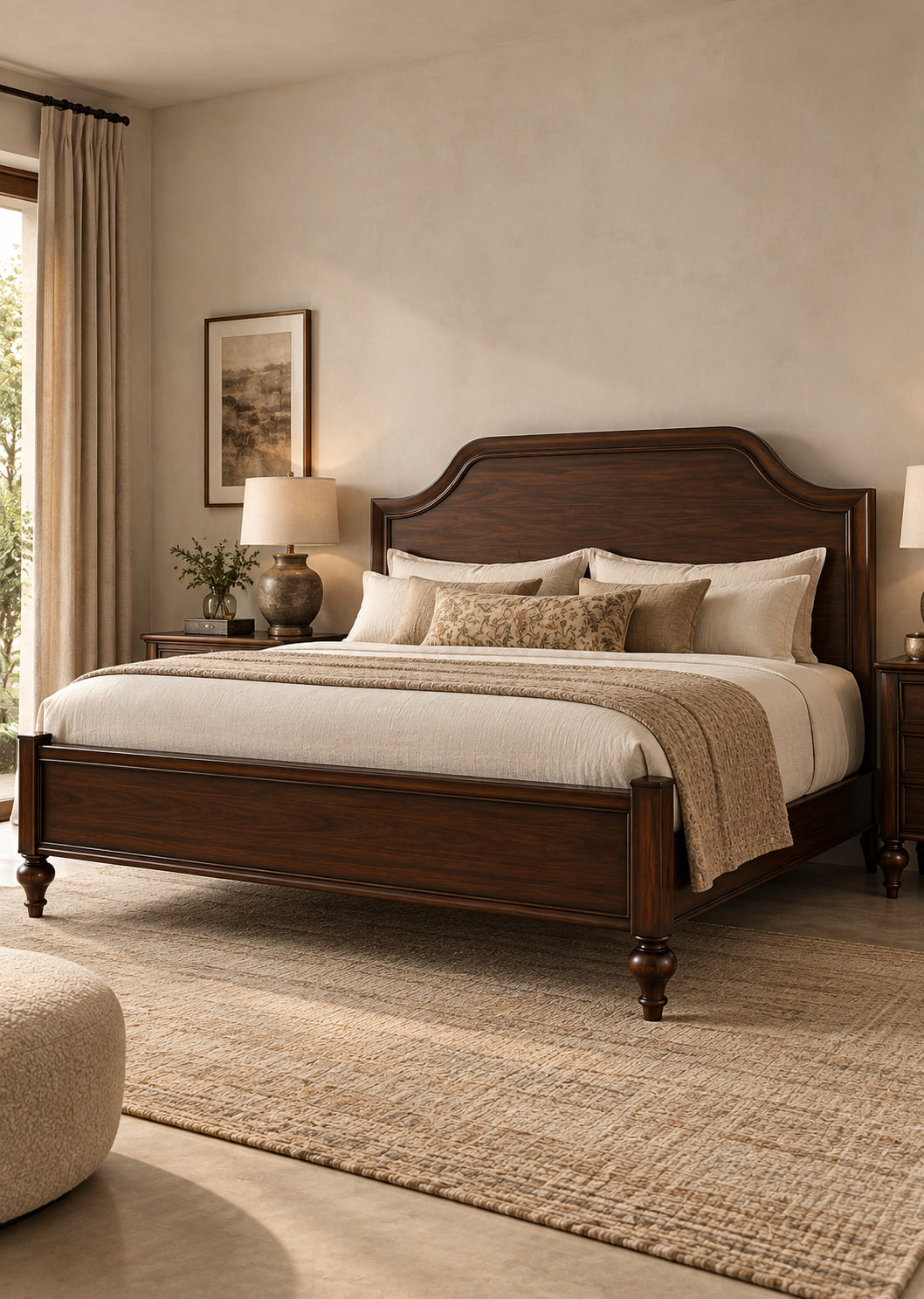Darjeeling Colonial Bed with wood panel headboard in Walnut, in a sunlit bedroom — tall arched headboard in a moulded frame, low panelled footboard and turned feet. Art Avenue, made to order.