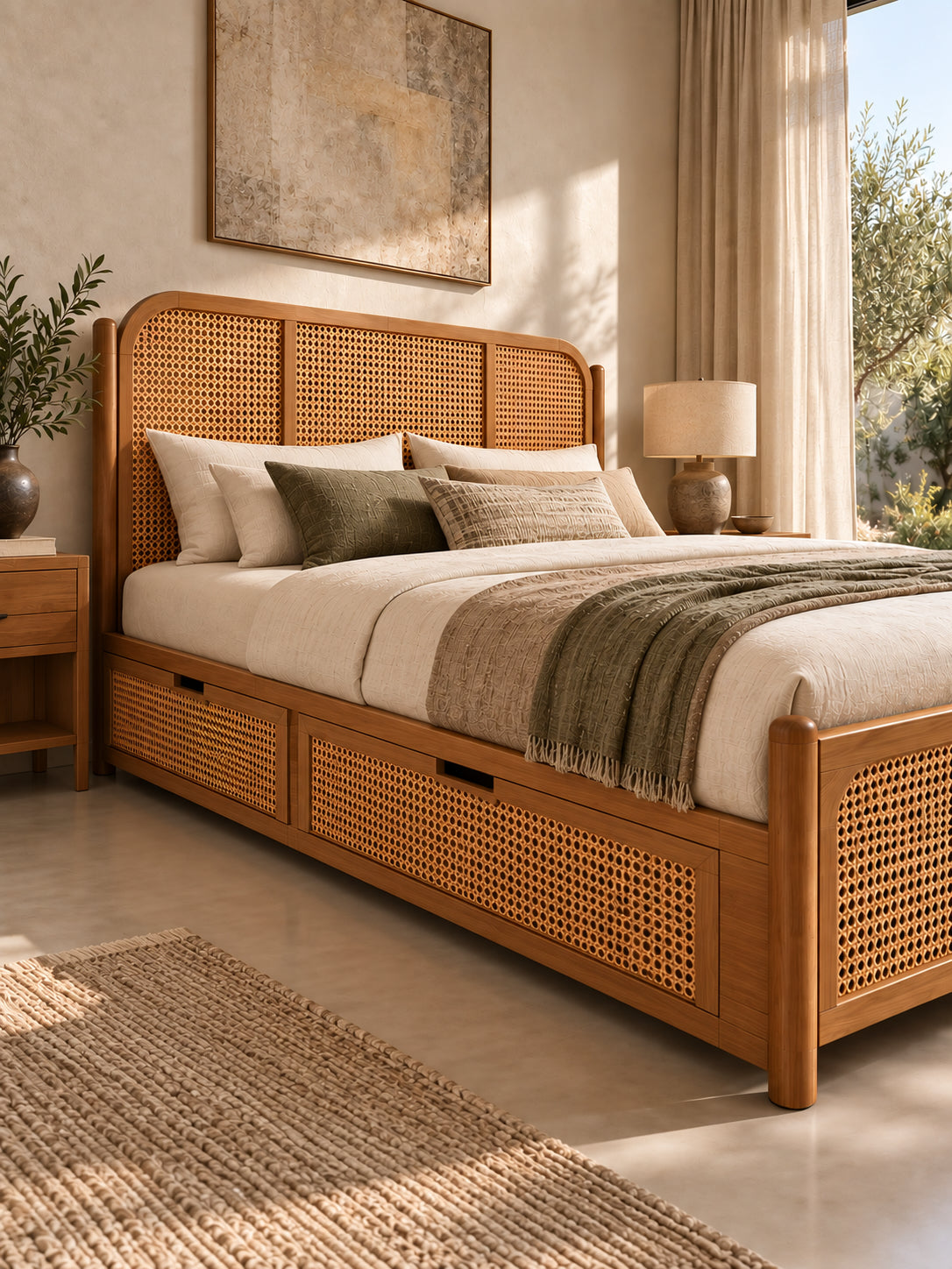 Ziro Rattan Bed with storage, drawers closed — cane drawer fronts with recessed finger pulls running flush beneath the side rail. Art Avenue, made to order.