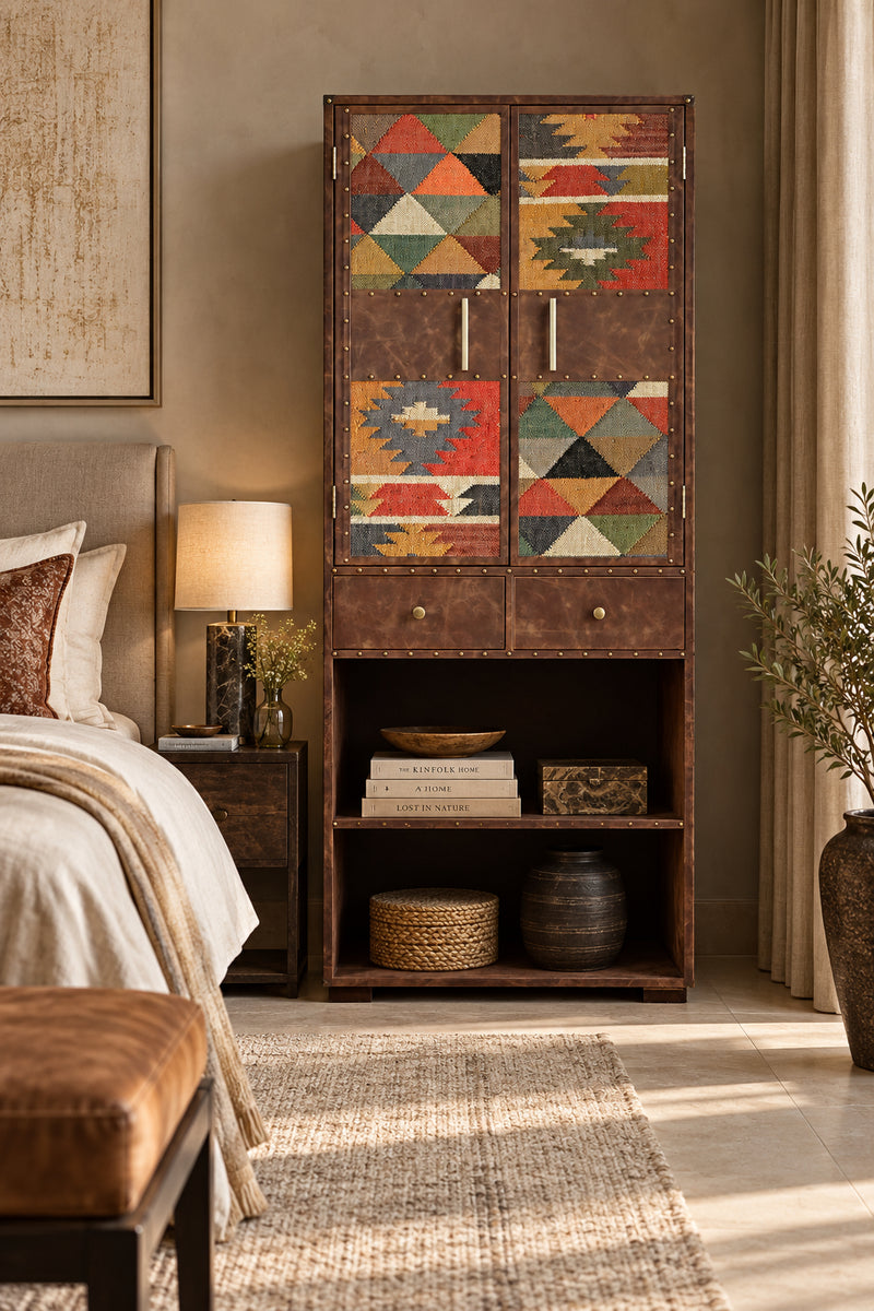 Alsisar kilim and leather wardrobe styled in a bedroom, Art Avenue, made to order