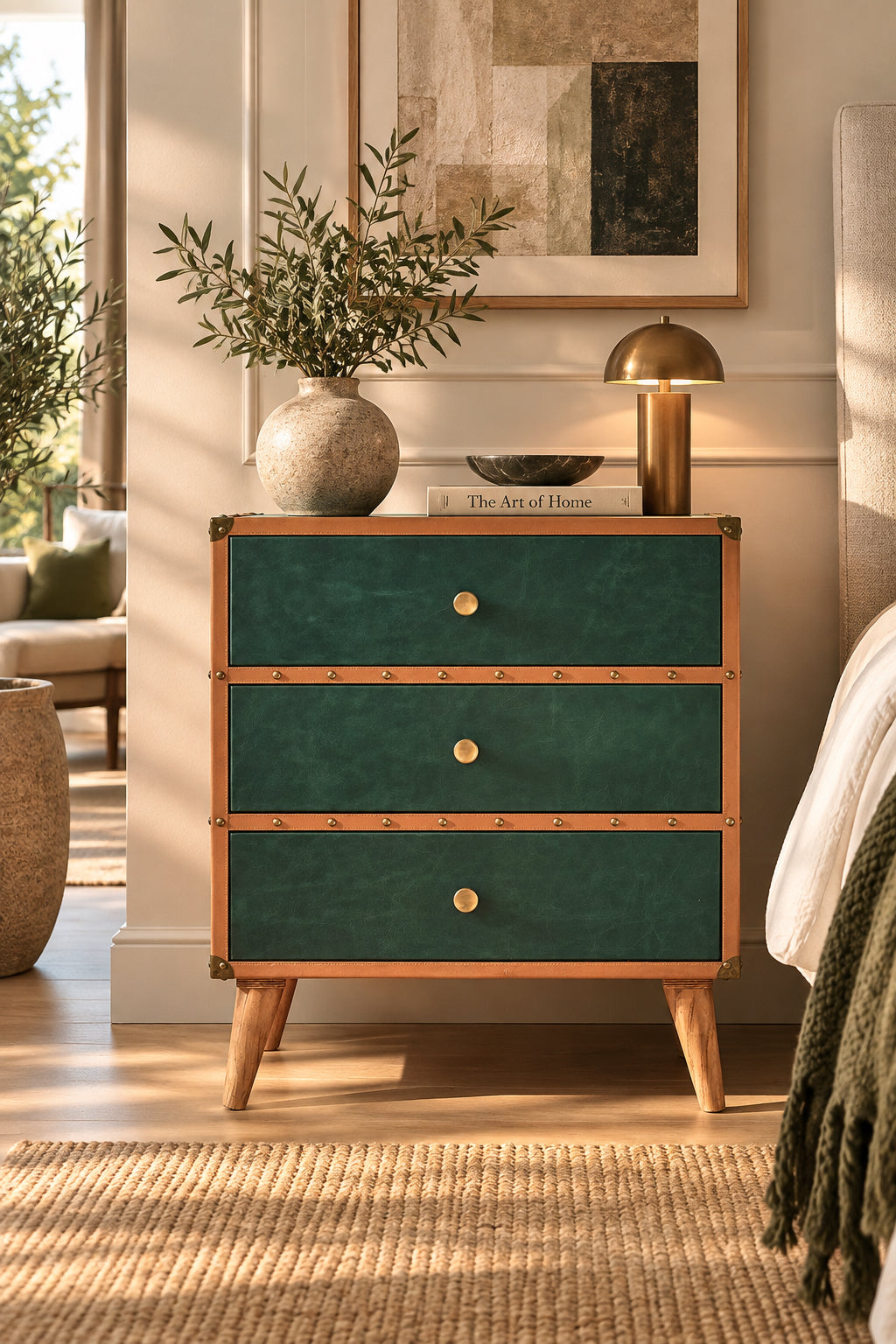 Sariska green leather chest of drawers by Art Avenue in a bedroom, styled with a brass lamp, olive branches and framed art